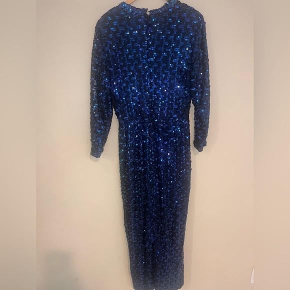 Lilli Diamond Original 60s 70s TRUE VINTAGE Blue Maxi Sequin Dress Long Sleeve L - Picture 9 of 14